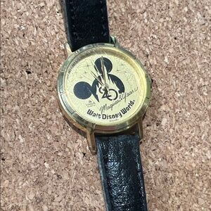 Vintage Disney World 20th anniversary Gold Watch with Black Leather Strap